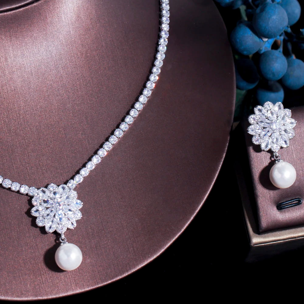 Simulated pearl flower pendant necklace and earring set for women – ARIANA