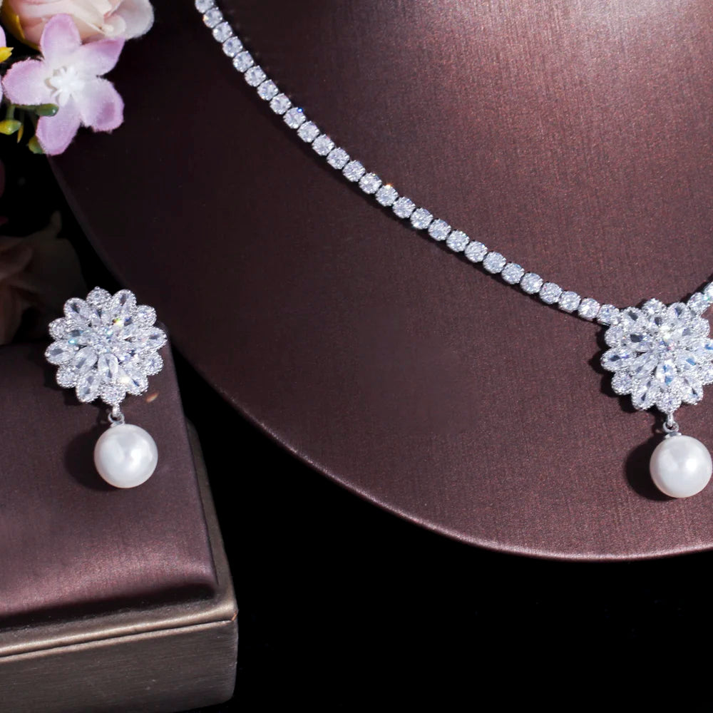 Necklace and earring set with pearl and cubic zirconia for women