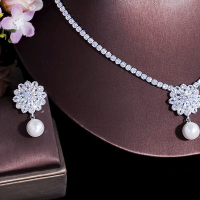 Necklace and earring set with pearl and cubic zirconia for women