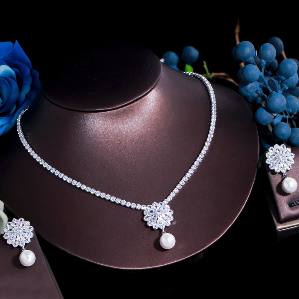 Necklace and earring set with pearl and cubic zirconia for women
