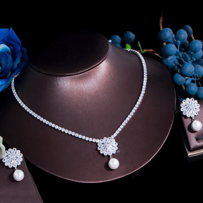 Necklace and earring set with pearl and cubic zirconia for women