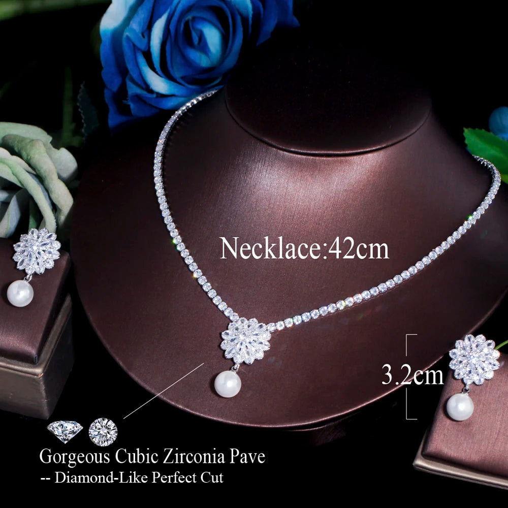 Simulated pearl flower pendant necklace and earring set for women – ARIANA