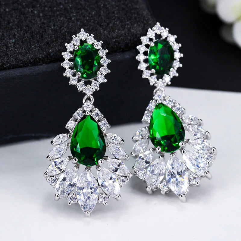 Drop earrings with green cubic zirconia for women