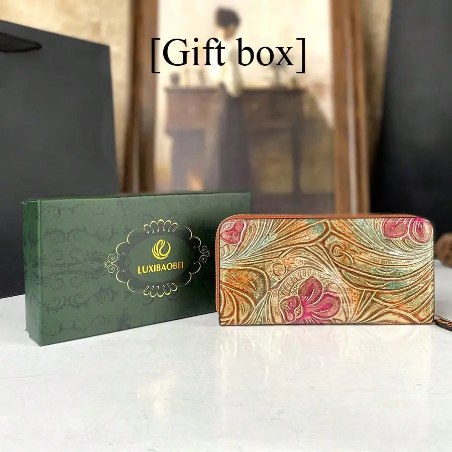 Long wallet with carved pattern and zip-around closure for women