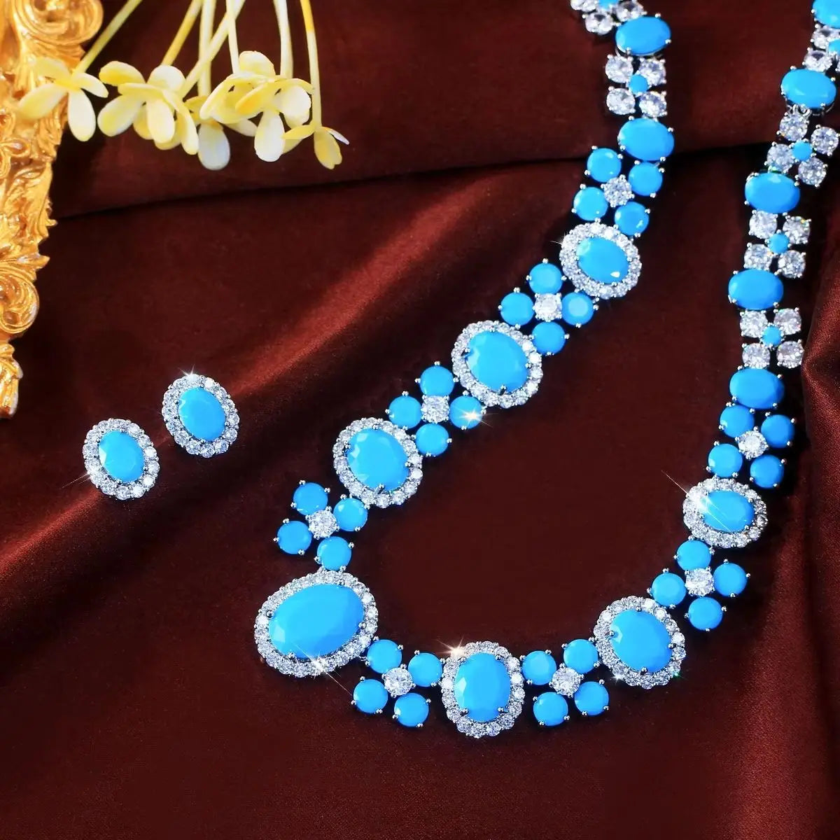 Bridal jewelry set with turquoise cubic zirconia for women