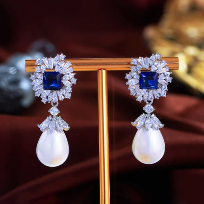 Vintage blue zirconia pearl drop earrings for women – ARIANA
