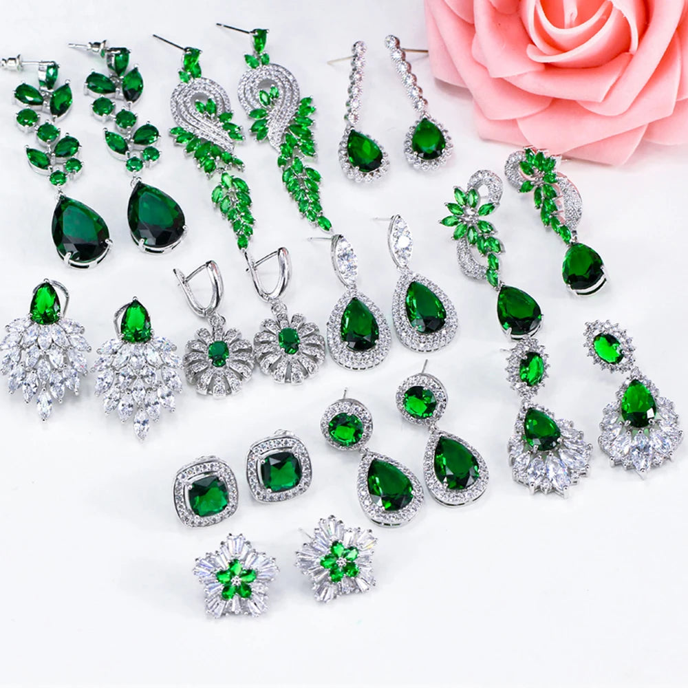 Drop earrings with green cubic zirconia for women