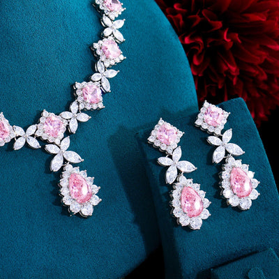 Necklace and earring set with pink cubic zirconia for women