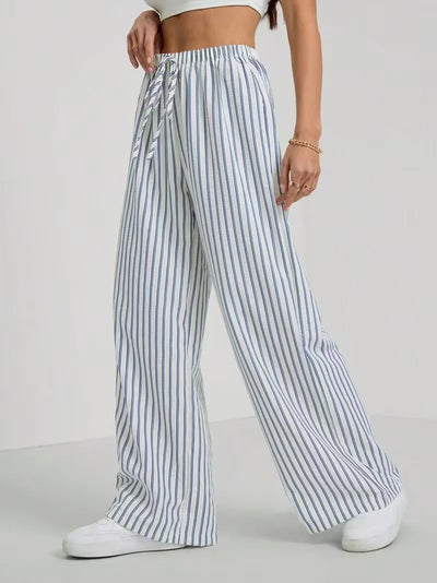 Wide-leg pants with stripes and drawstring waist for women