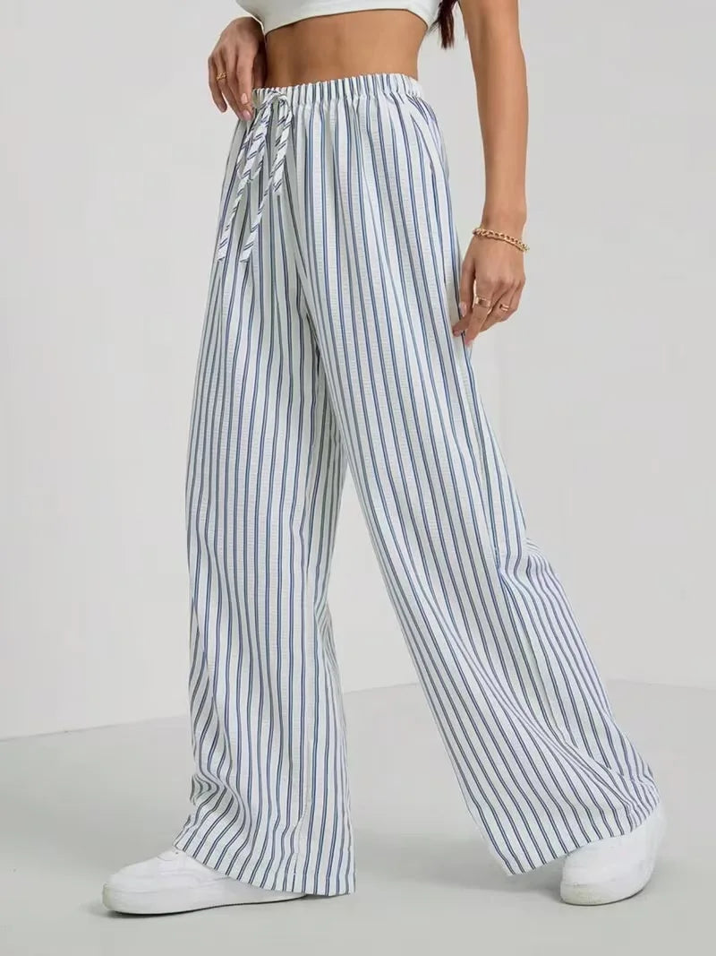 Wide-leg pants with stripes and drawstring waist for women