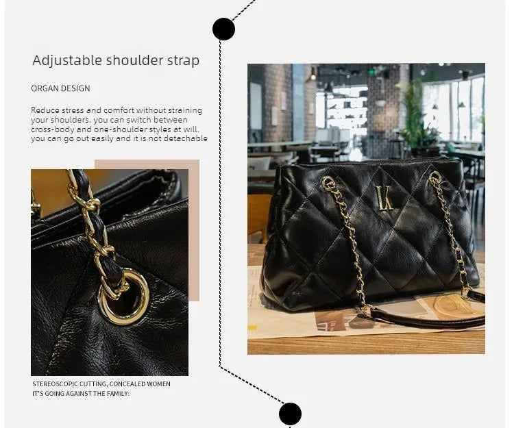 Leather tote bag with quilted stitching for women