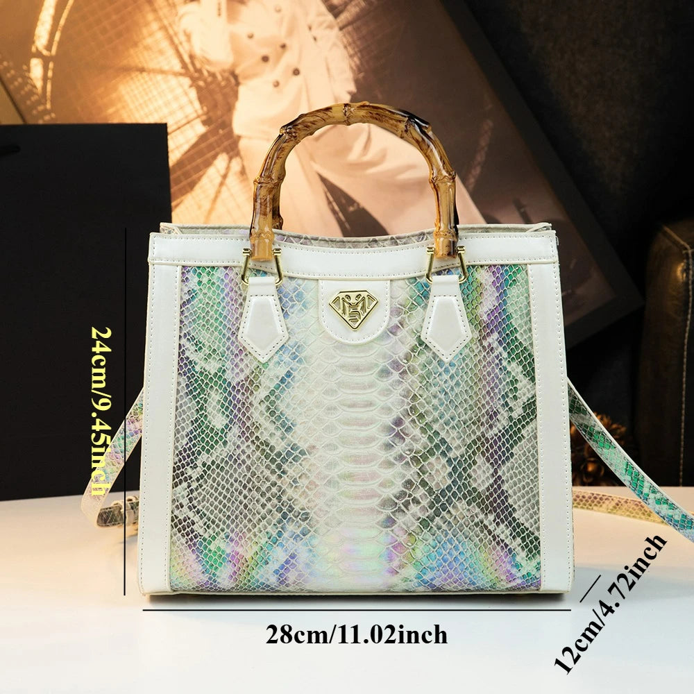 Tote bag with snake print and bamboo handle for women