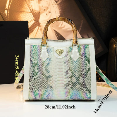 Tote bag with snake print and bamboo handle for women