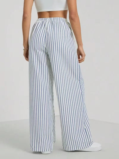 Wide-leg pants with stripes and drawstring waist for women