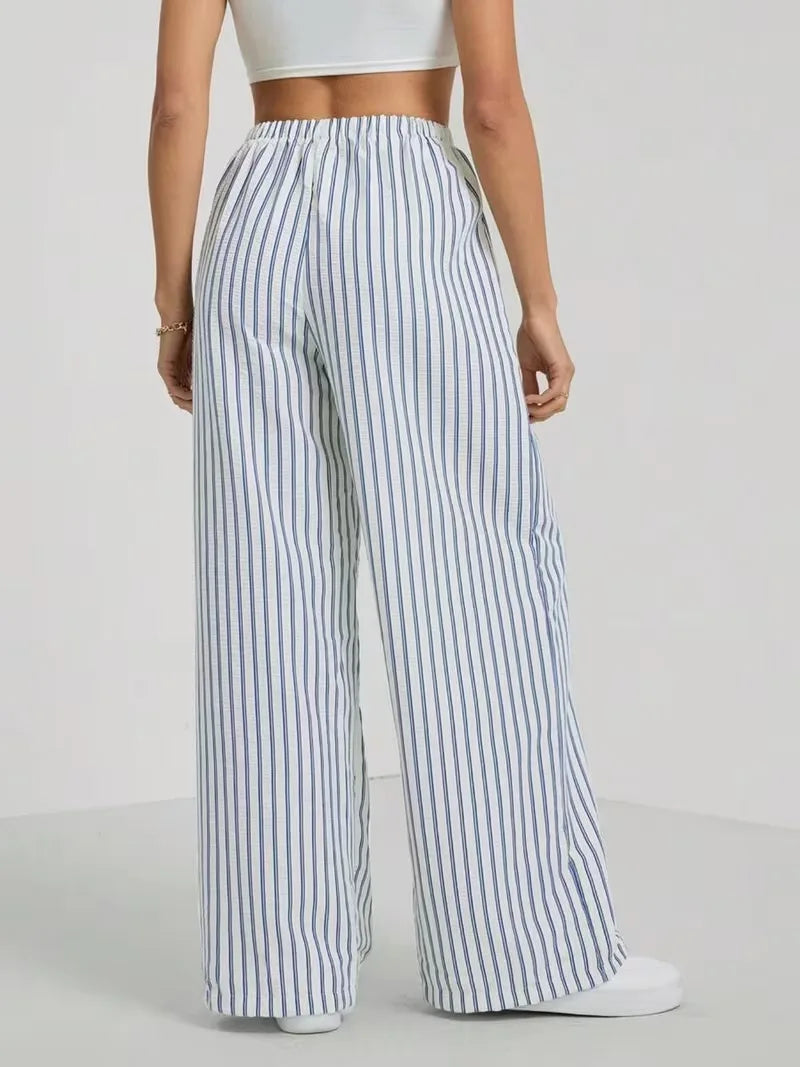 Wide-leg pants with stripes and drawstring waist for women