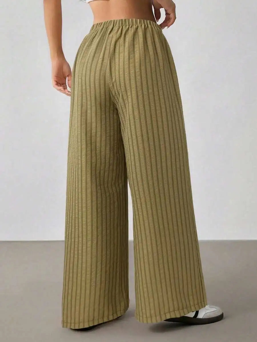 Wide-leg pants with stripes and drawstring waist for women
