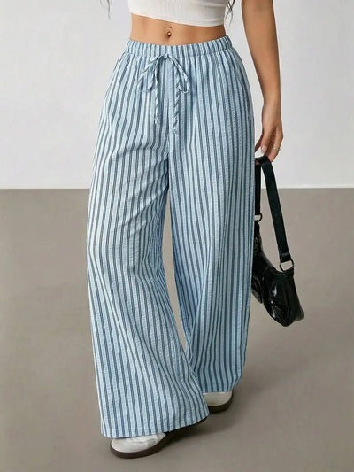 Wide-leg pants with stripes and drawstring waist for women