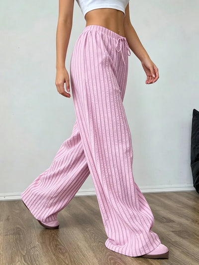 Wide-leg pants with stripes and drawstring waist for women