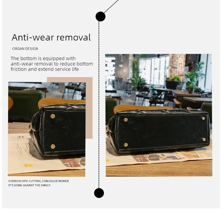 Leather tote bag with quilted stitching for women