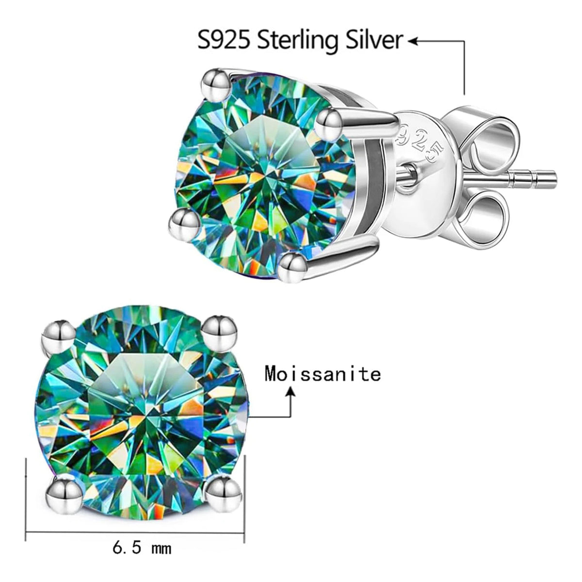 925 silver stud earrings with cyan moissanite for women