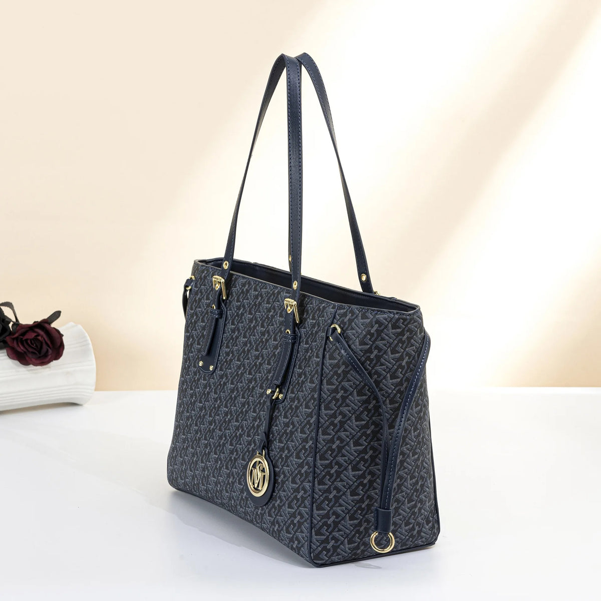 Drawstring tote bag with monogram print for women