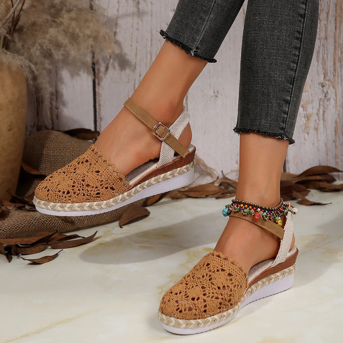 Mule sandals with wedge heel and buckle for women