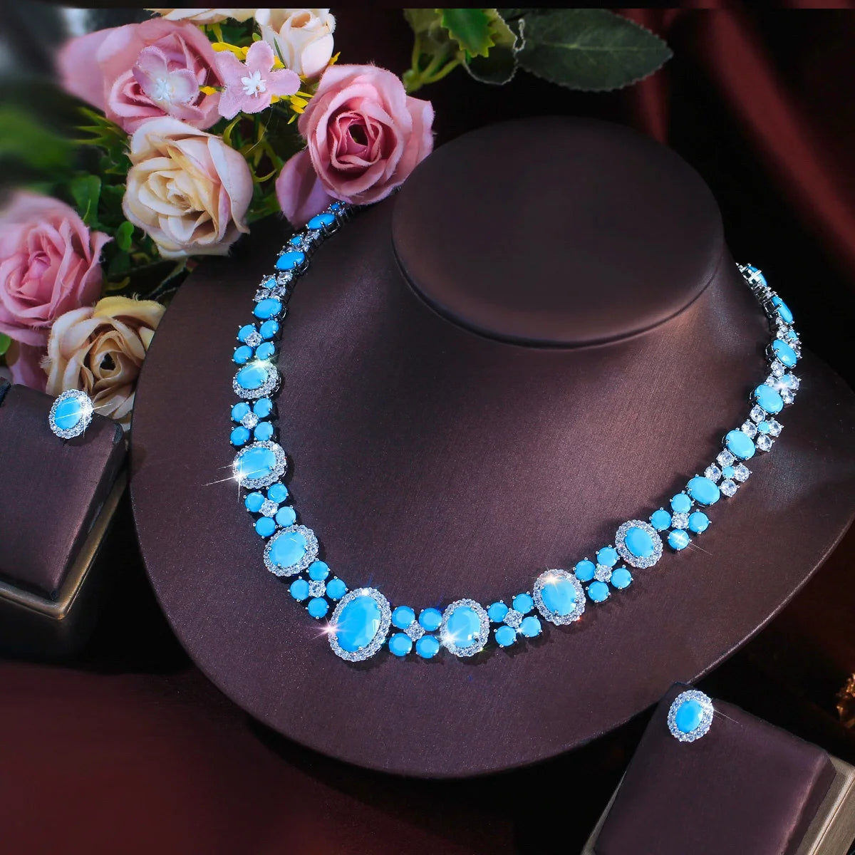 Turquoise pavé bridal necklace and earring set for women – ARIANA