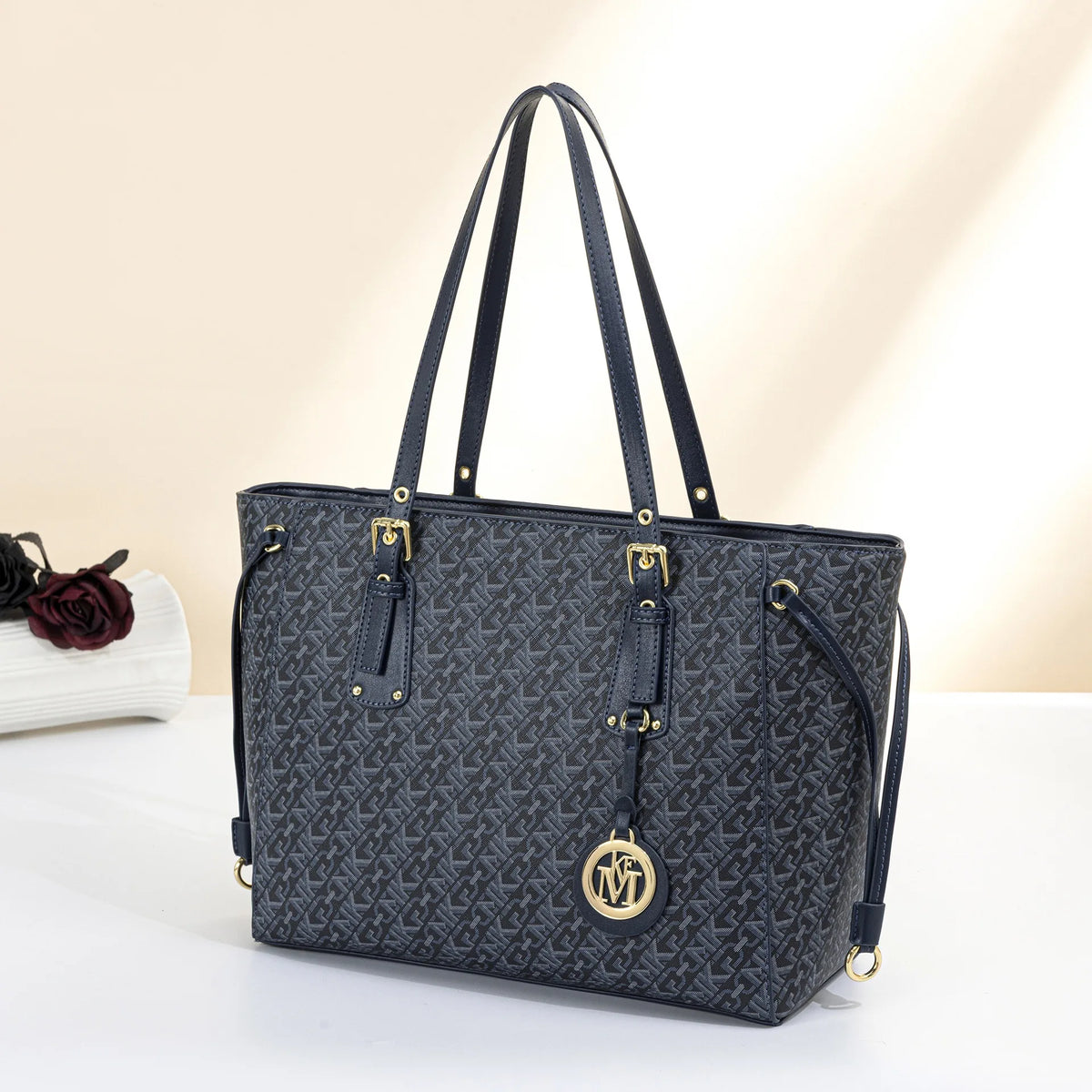 Drawstring tote bag with monogram print for women