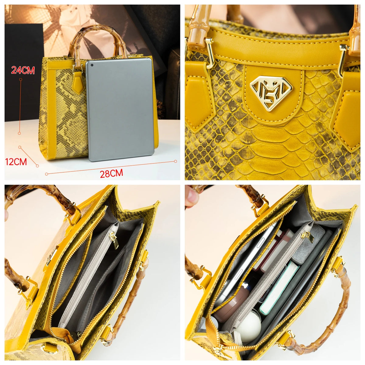 Tote bag with snake print and bamboo handle for women