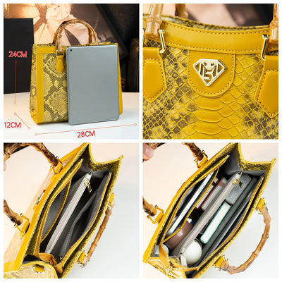 Tote bag with snake print and bamboo handle for women