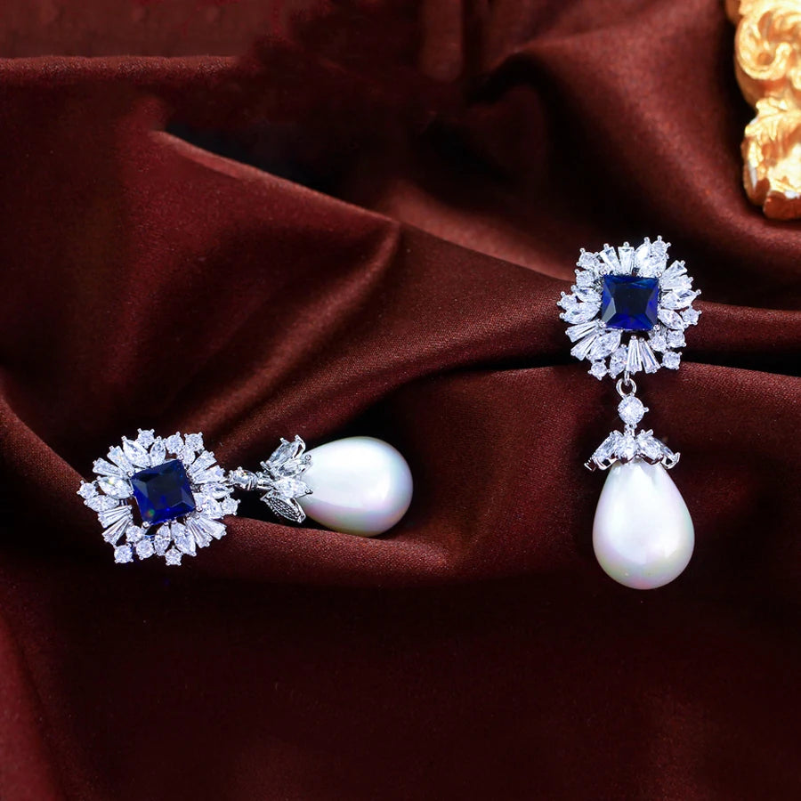 Vintage blue zirconia pearl drop earrings for women – ARIANA