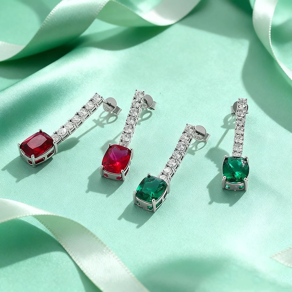 S925 silver dangle earrings with emerald and ruby for women
