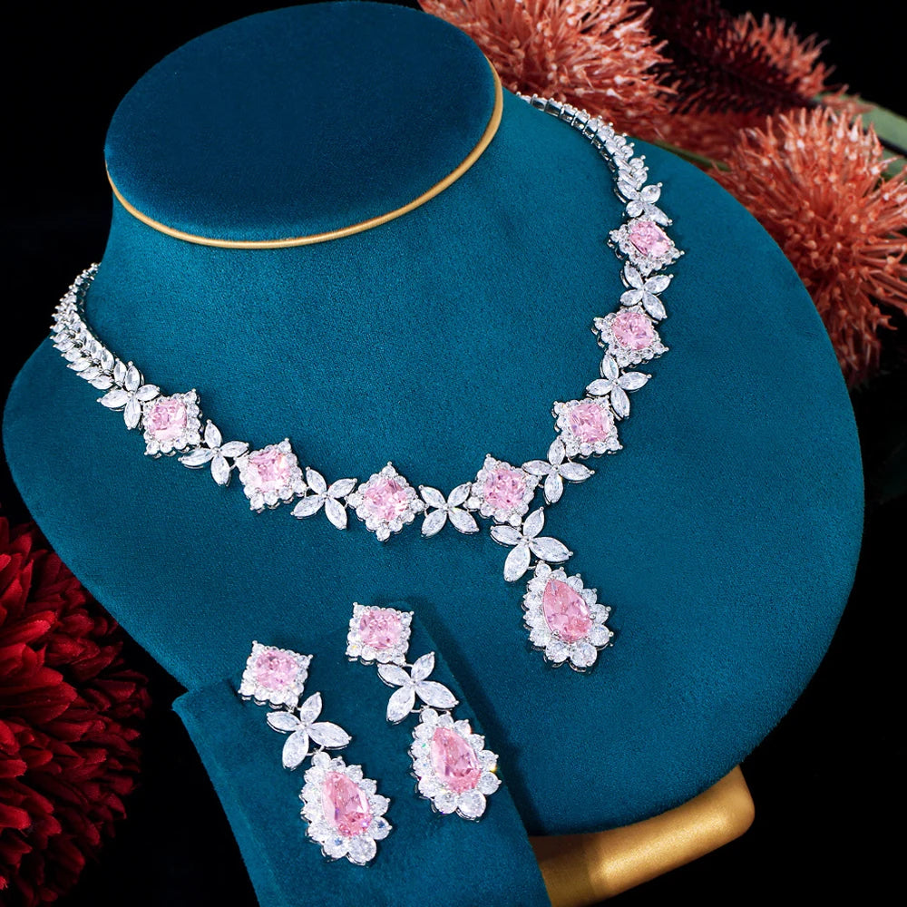 Necklace and earring set with pink cubic zirconia for women