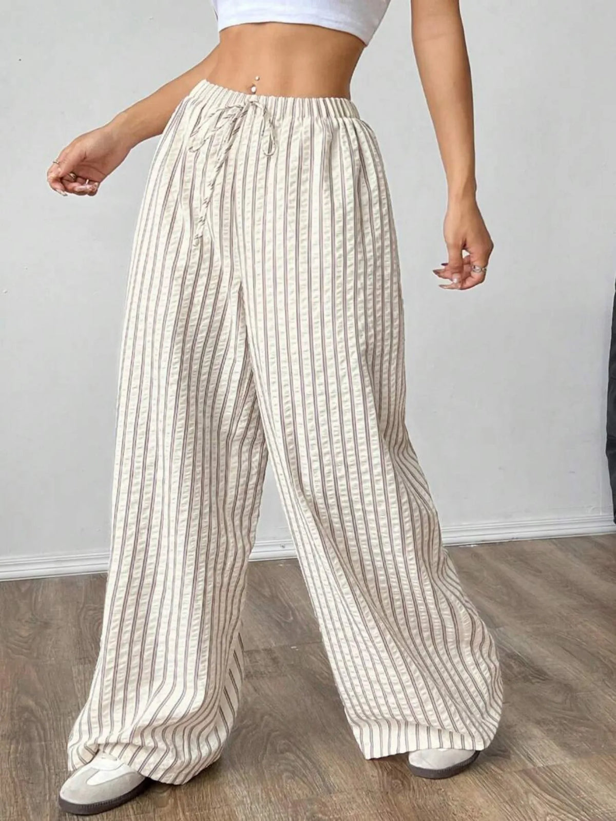 Wide-leg pants with stripes and drawstring waist for women