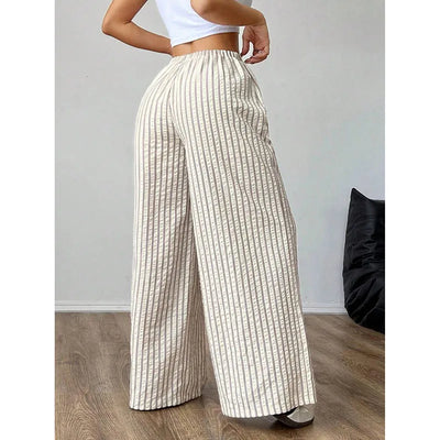 Wide-leg pants with stripes and drawstring waist for women