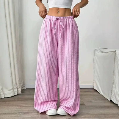 Wide-leg pants with stripes and drawstring waist for women