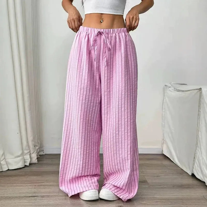 Wide-leg pants with stripes and drawstring waist for women