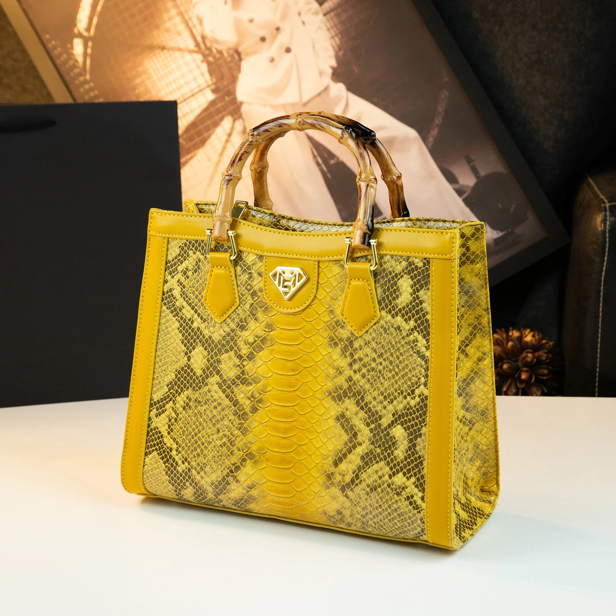 Tote bag with snake print and bamboo handle for women