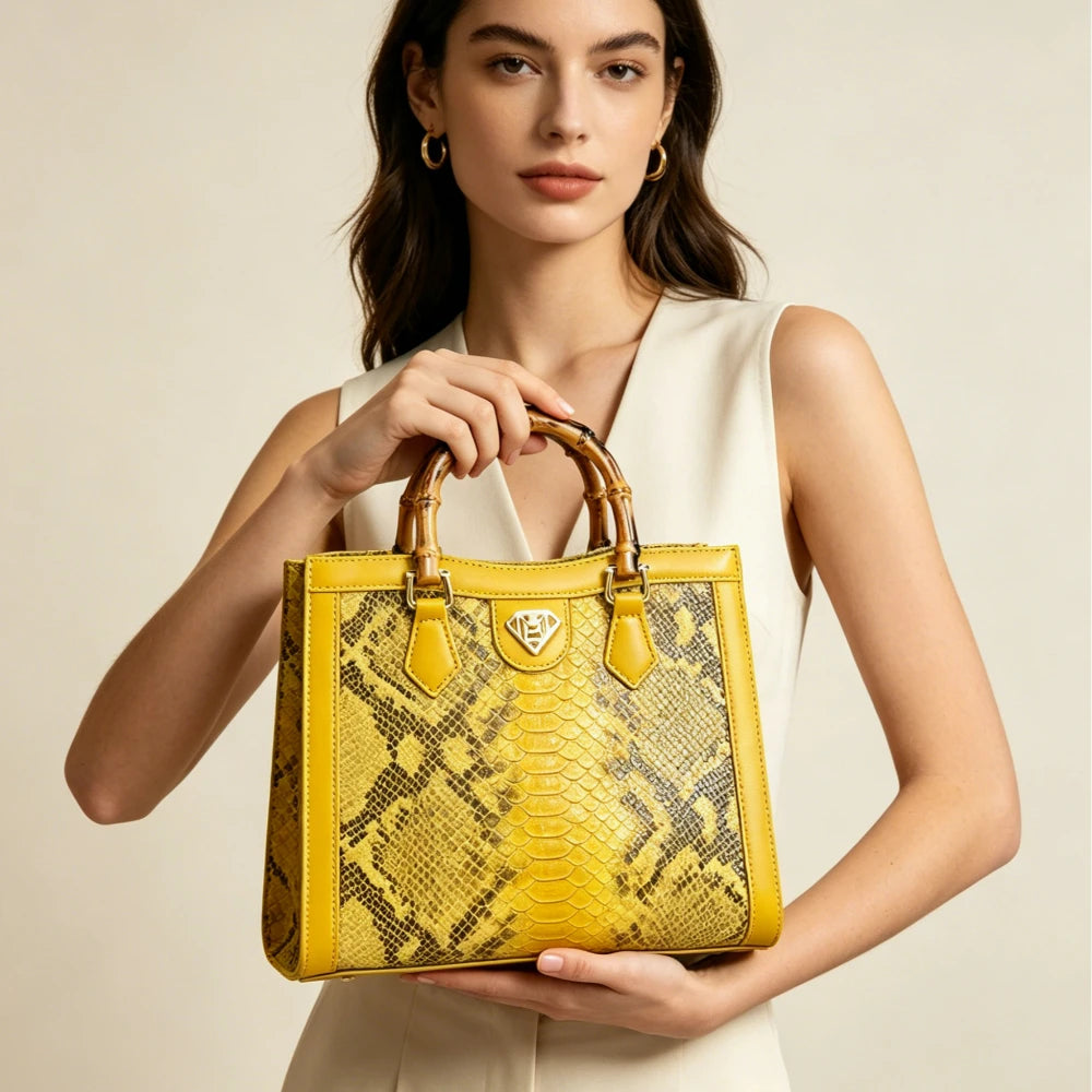 Tote bag with snake print and bamboo handle for women
