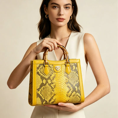 Tote bag with snake print and bamboo handle for women