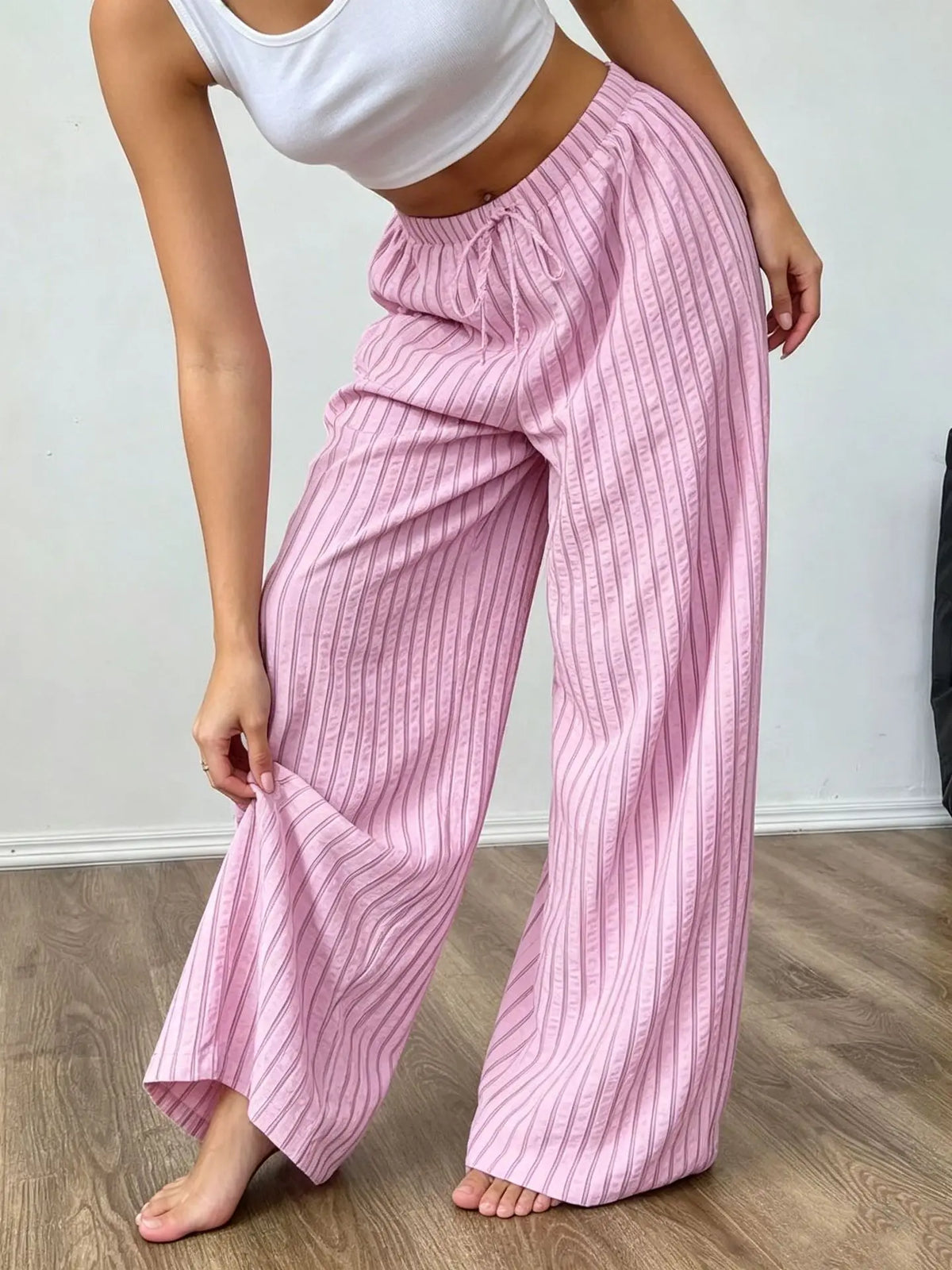 Striped drawstring wide-leg pants for women – ARIANA