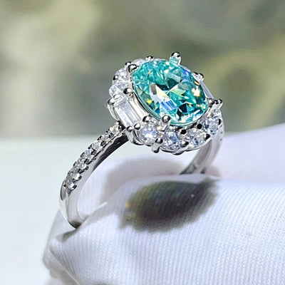 925 silver ring with paraiba-green moissanite for women