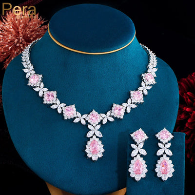 Necklace and earring set with pink cubic zirconia for women