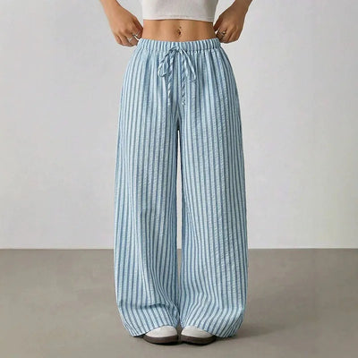 Wide-leg pants with stripes and drawstring waist for women