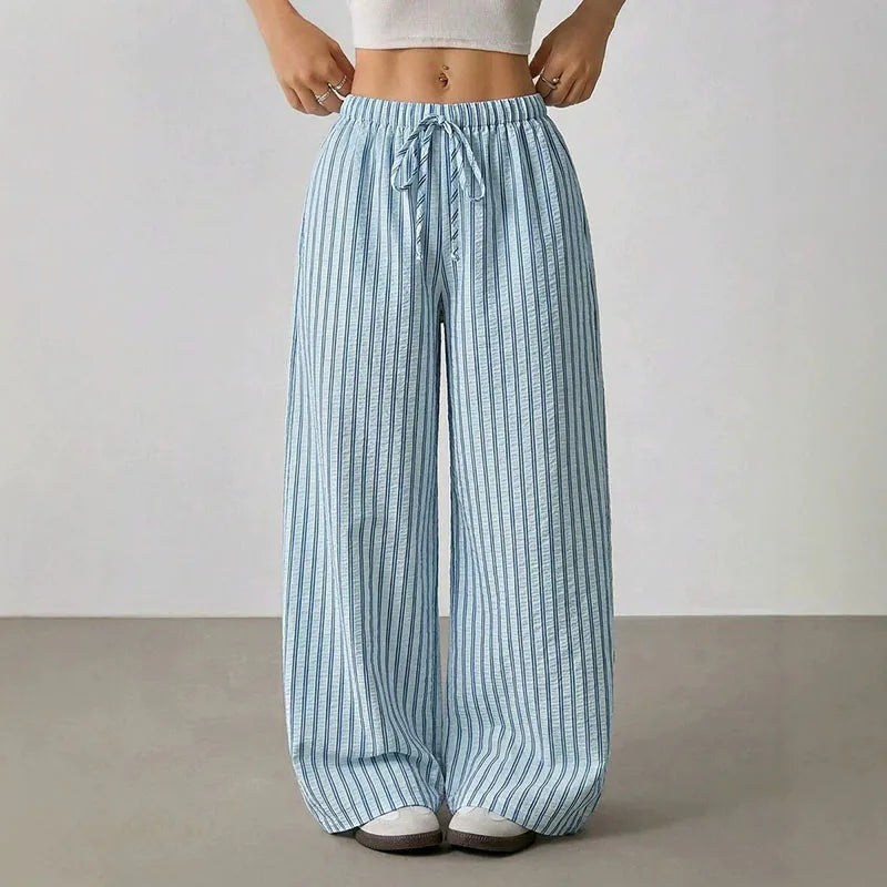 Wide-leg pants with stripes and drawstring waist for women