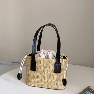 Bucket bag woven from straw for women