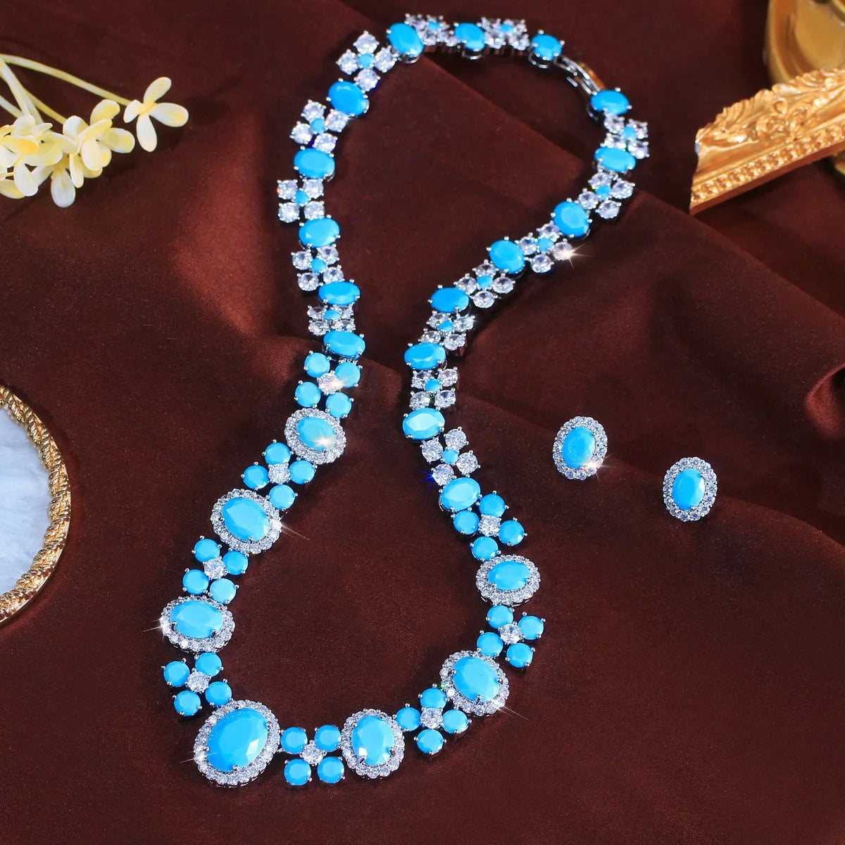 Bridal jewelry set with turquoise cubic zirconia for women
