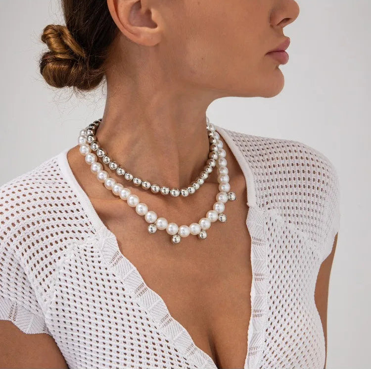 Faux-pearl pendant necklace, double layer, for women