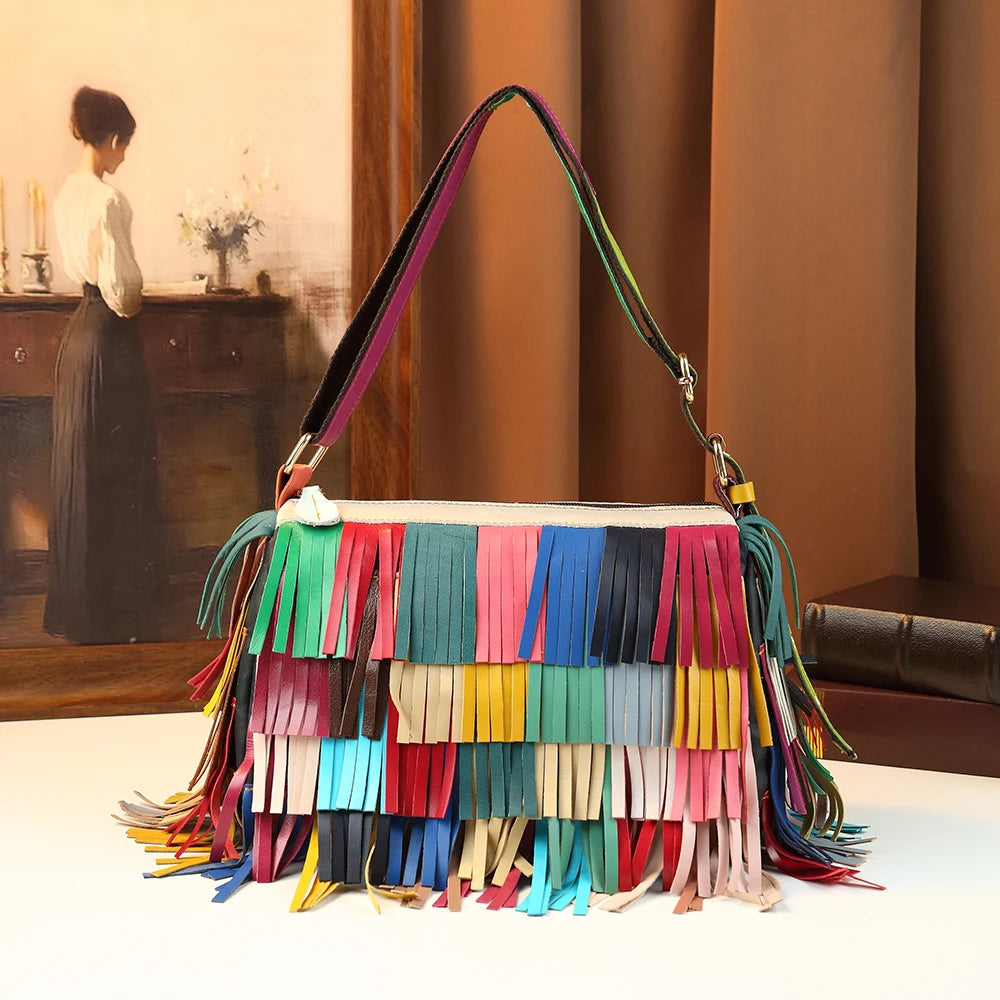Rainbow fringe hobo bag for women – ARIANA