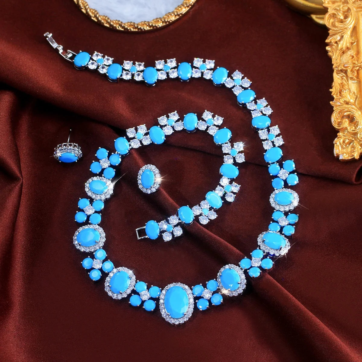 Bridal jewelry set with turquoise cubic zirconia for women